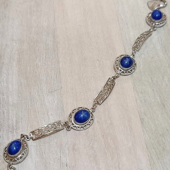 14KT GF bracelet, white gold filled GF with blue stone cabachons, filigree detai - Picture 3 of 4
